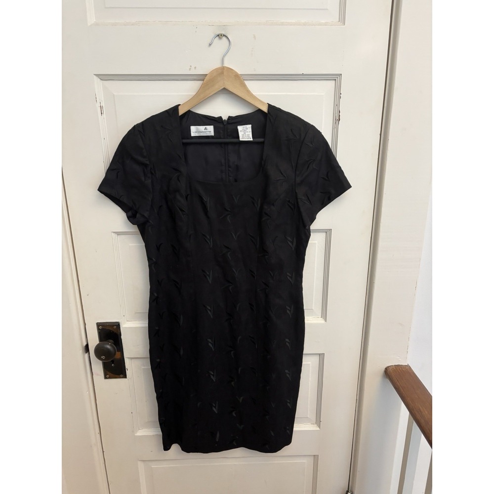 Liz Claiborne Vintage Black Linen Embroidered Sheath Dress Square Neck‎ Size 10P